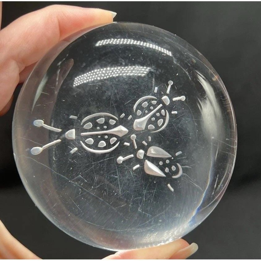 Vandermark Merritt Paperweight Clear Etched Ladybugs 1984 0603-30 With Stand